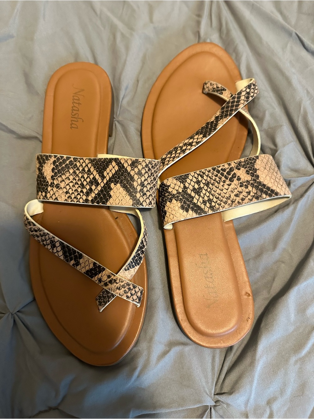 Natasha Couture Tan and Snake-Print Cross Strap Slide Sandals